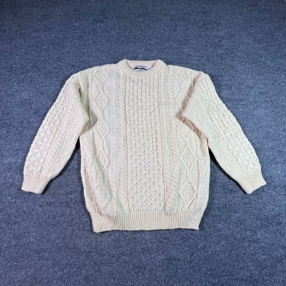 Celtic Country Sweater Men's L Beige Wool Cable-Knit Holiday Preppy Academia